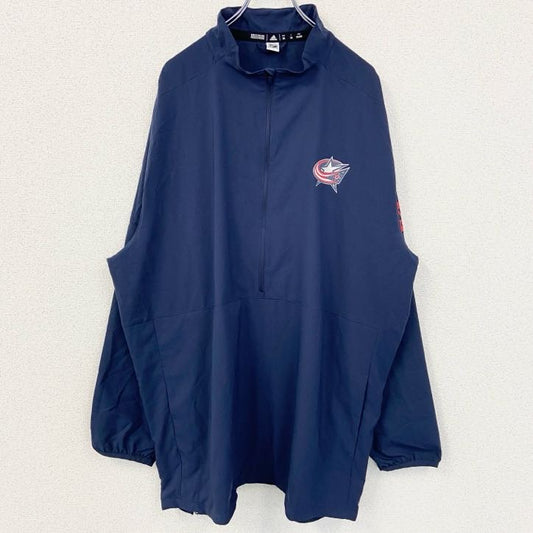 古着 used　adidas　アディダス　NHL　長袖プリントナイロンジャケット　BLUE JACKETS　ネイビー　2XLサイズ