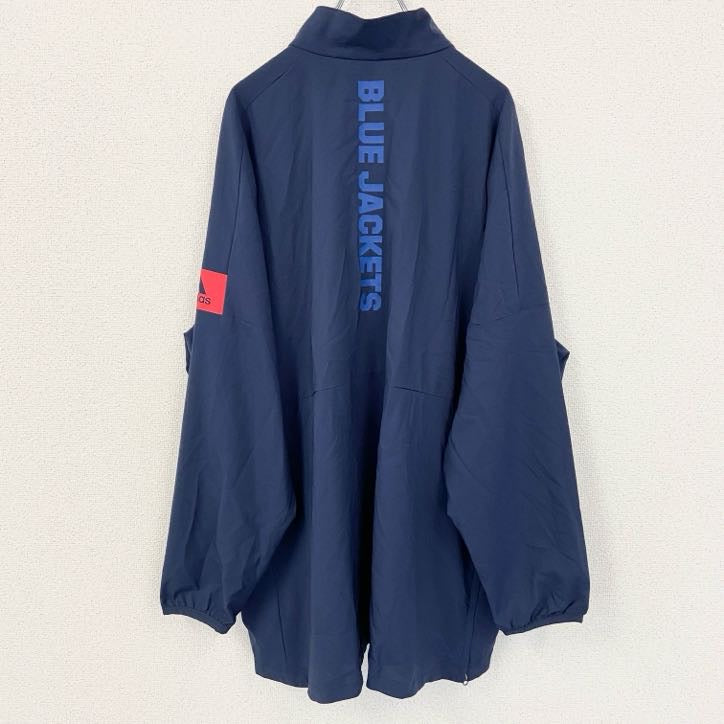 古着 used　adidas　アディダス　NHL　長袖プリントナイロンジャケット　BLUE JACKETS　ネイビー　2XLサイズ