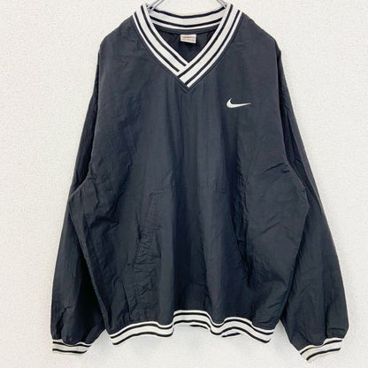 古着 used　90s　NIKE ナイキ　長袖ナイロンプルオーバー　ワンポイント刺繍　リブライン　ヴィンテージ　黒　Lサイズ