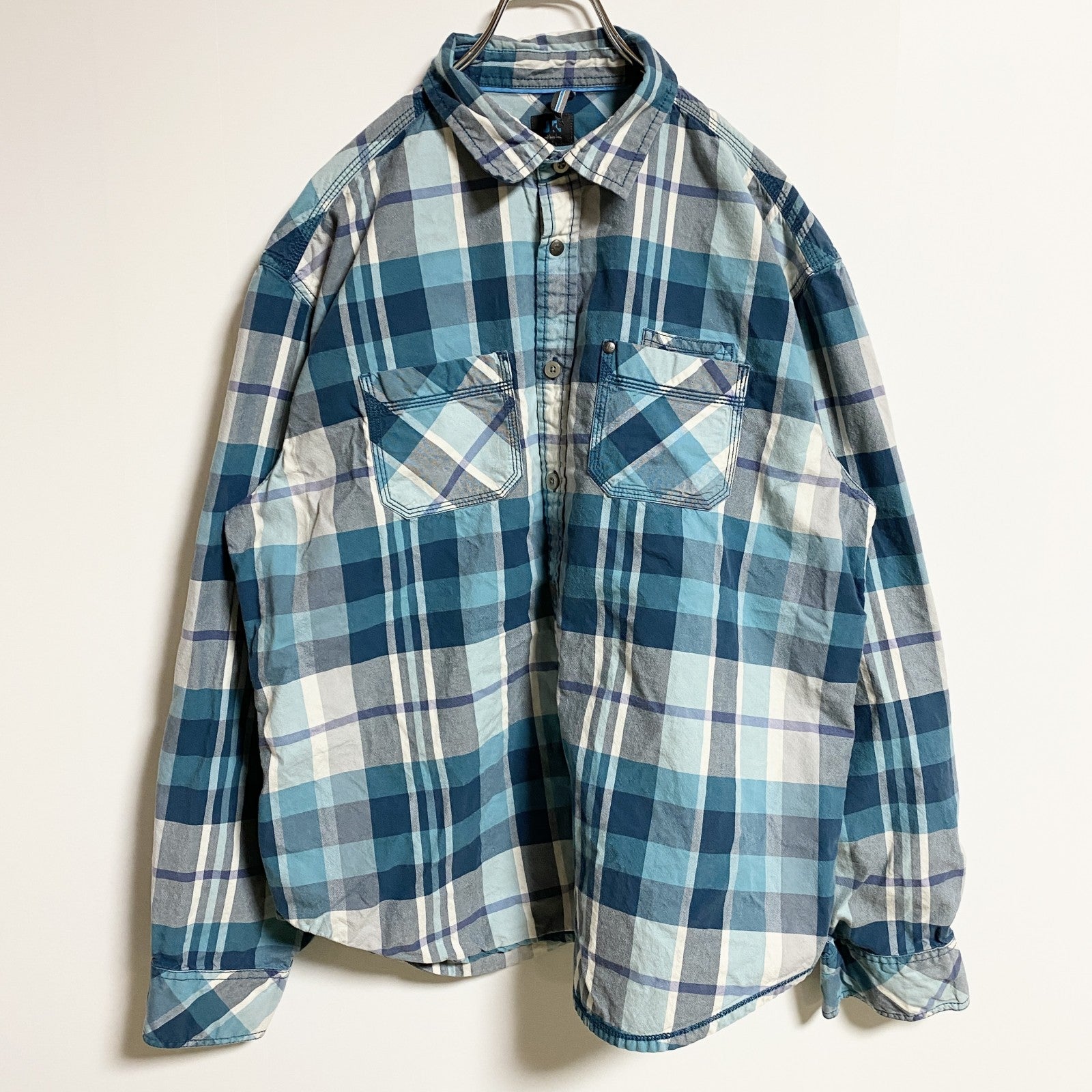 古着 used　長袖ネルシャツ　チェック柄　総柄　青　ブルー　秋冬服　レトロデザイン　ビッグシルエット　XLサイズ