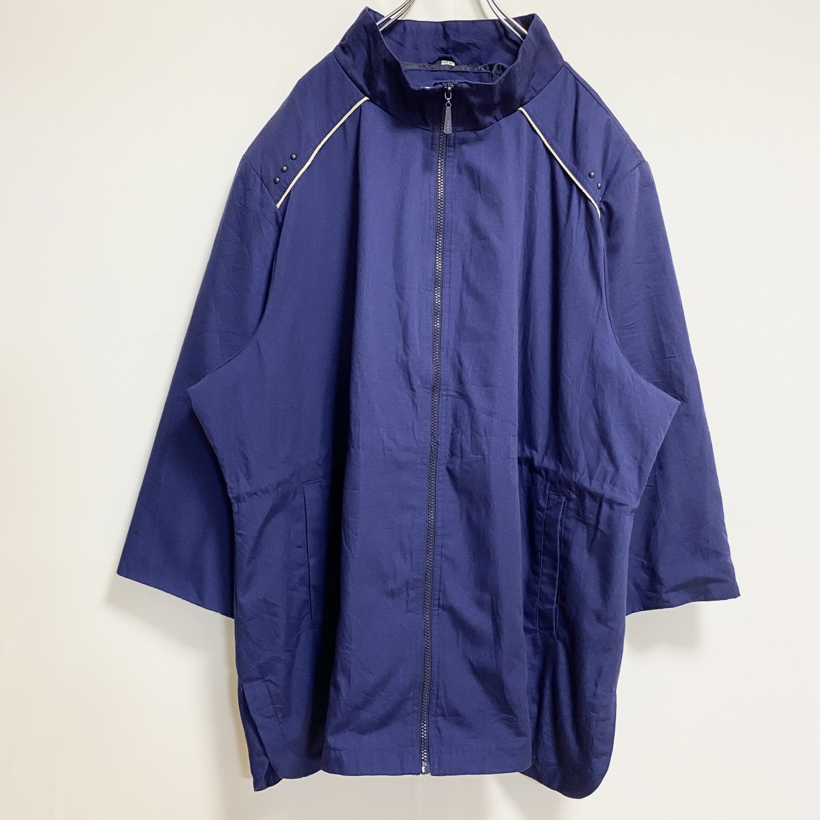 古着 used　ALIA　七分袖ジップアップブルゾン　ハイネックジャンパー　ネイビー　秋冬服　ビッグシルエット　4XLサイズ