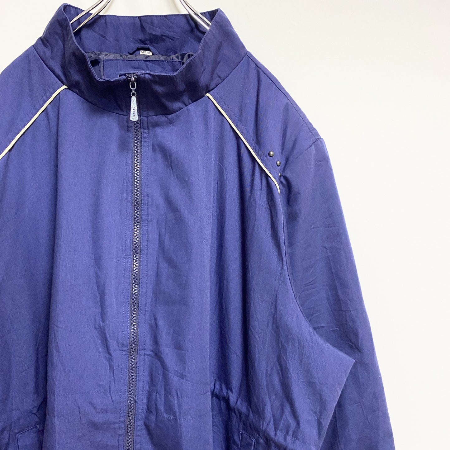 古着 used　ALIA　七分袖ジップアップブルゾン　ハイネックジャンパー　ネイビー　秋冬服　ビッグシルエット　4XLサイズ