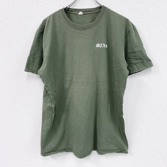 GILDAN　ギルダン　半袖プリントシンガーTシャツ　両面プリント　ブラックレター　カーキ　XLサイズ