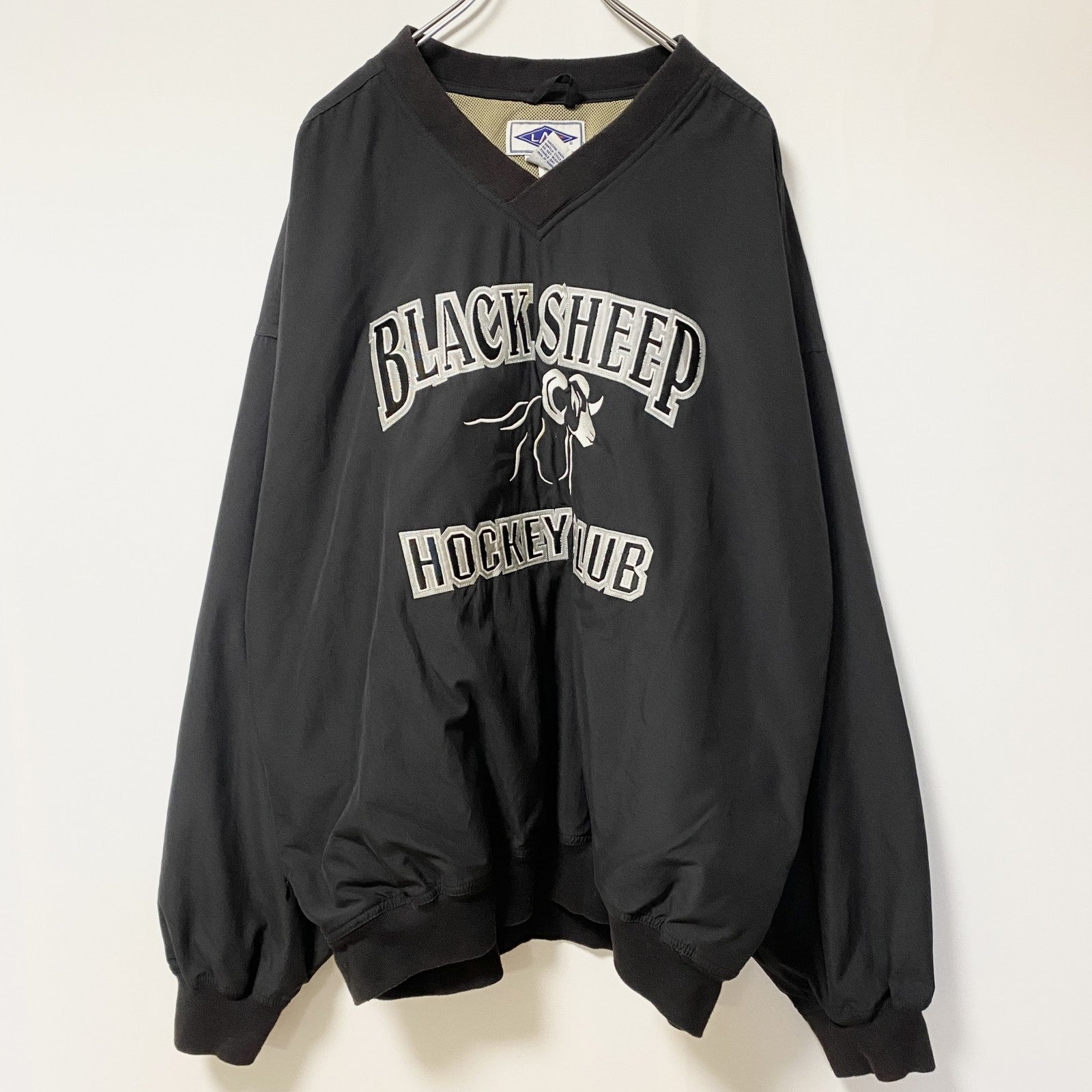 古着 used　LAL　長袖刺繍ナイロンプルオーバー　ウインドブレーカー　アイスホッケー　黒　Vネック　XXXLサイズ