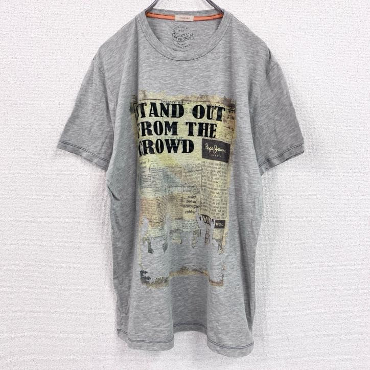 PEPE JNS　半袖プリントTシャツ　3連プリント　英字プリント　新聞紙　クルーネック　灰色　グレー　XLサイズ