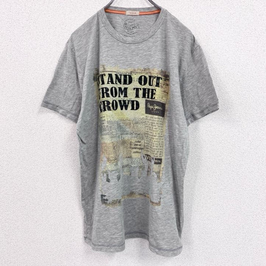 PEPE JNS　半袖プリントTシャツ　3連プリント　英字プリント　新聞紙　クルーネック　灰色　グレー　XLサイズ