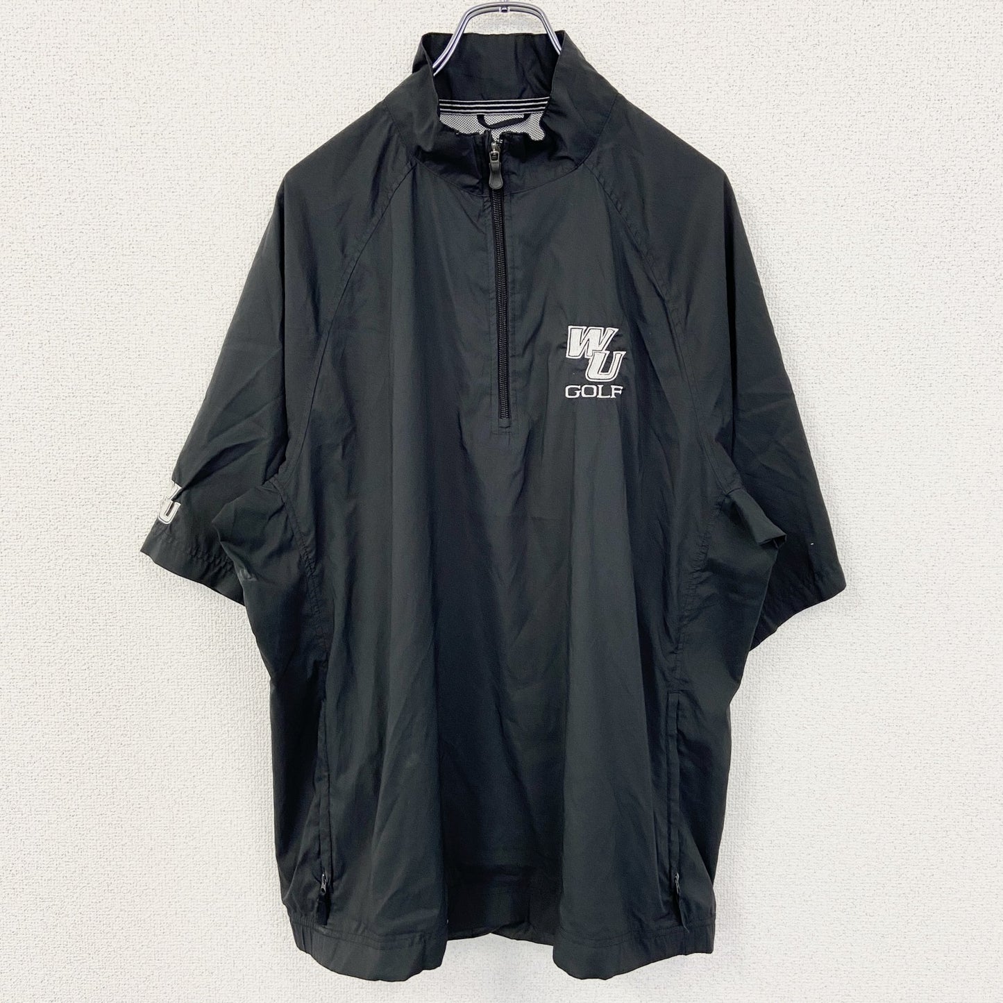 古着 used　adidas アディダス　CLIIMAPROOF　半袖ハーフジップナイロンプルオーバー　ハイネック　黒　Lサイズ