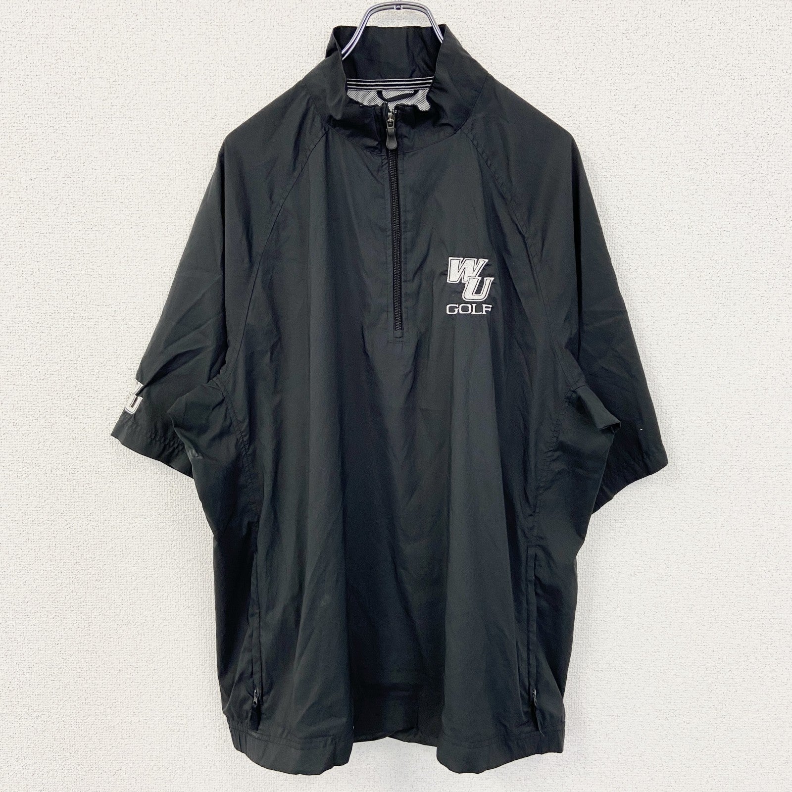 古着 used　adidas アディダス　CLIIMAPROOF　半袖ハーフジップナイロンプルオーバー　ハイネック　黒　Lサイズ