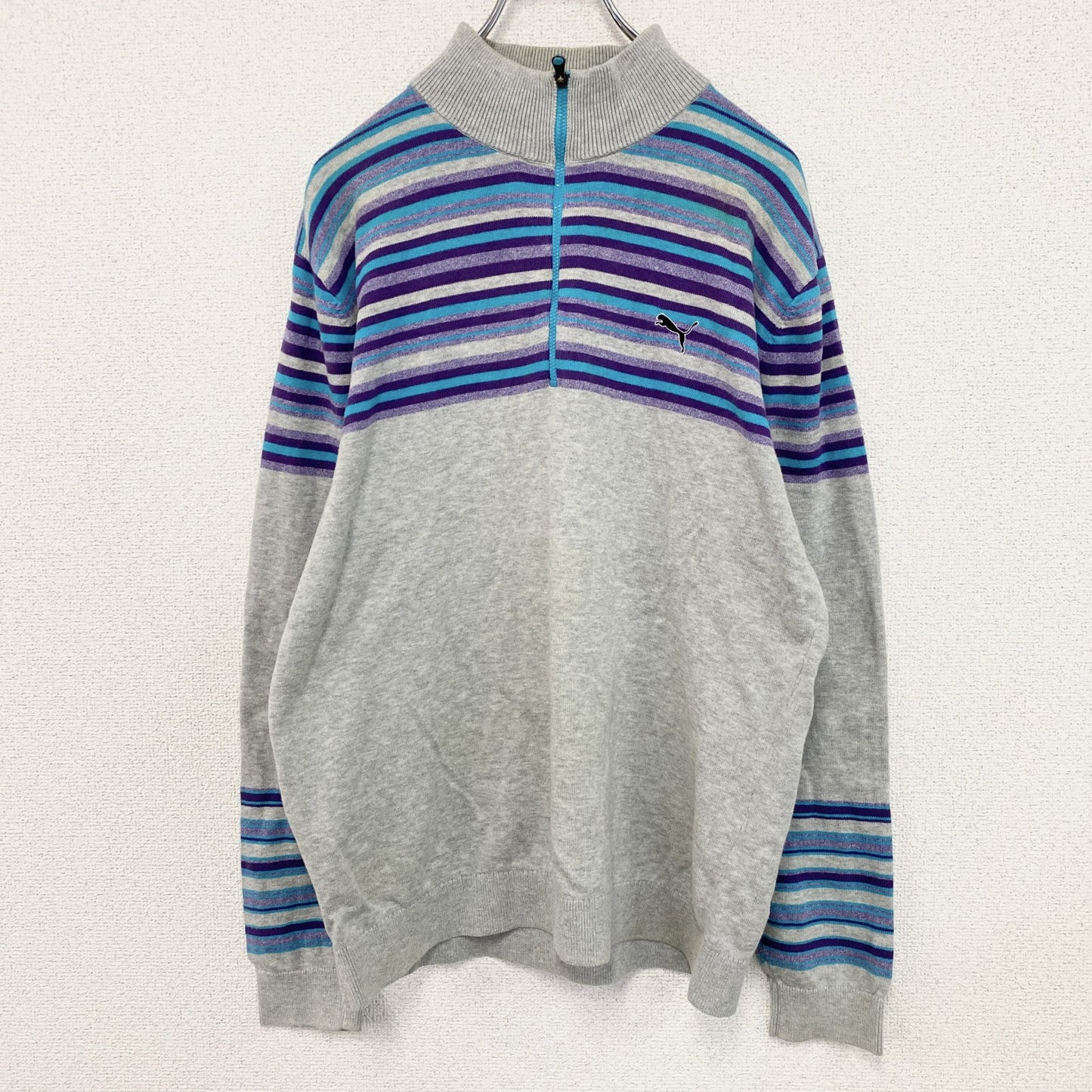 PUMA　プーマ　ハーフジップコットンニットセーター　マルチカラー　灰色　グレー　Lサイズ