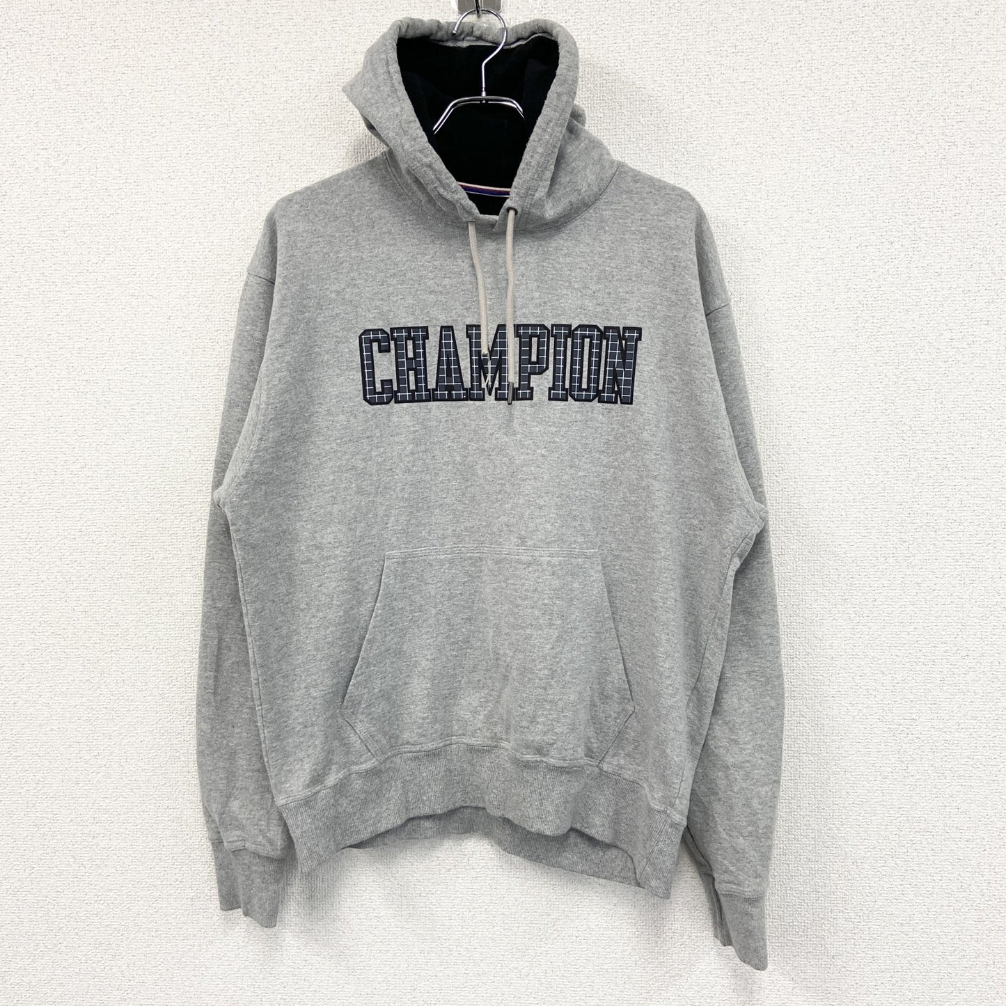 champion　チャンピオン　スウェットパーカー/フーディー　チェック柄　デカロゴ　現行　灰色　グレー　Lサイズ