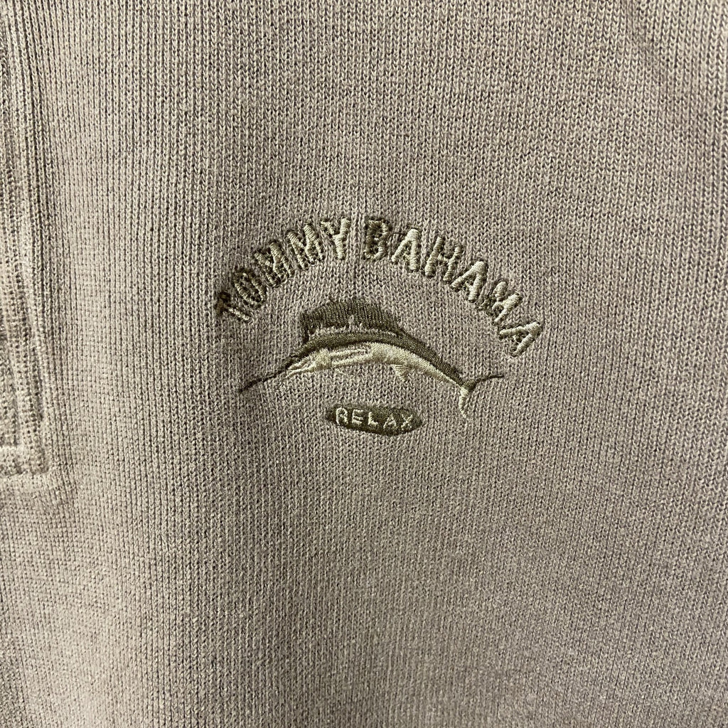 古着 used　Tommy Bahama　長袖ハーフジップセーター　ハイネックニット　ワンポイント刺繍　ベージュ　ブラウン　秋冬服