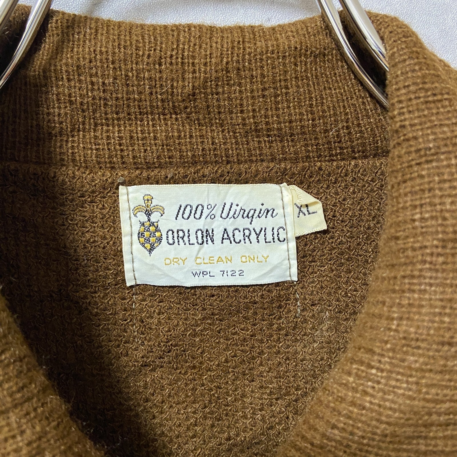 ～70s　ORLON ACRYLIC　フルジップカーディガン　レザー　パッチワーク　茶色　ヴィンテージ　XLサイズ