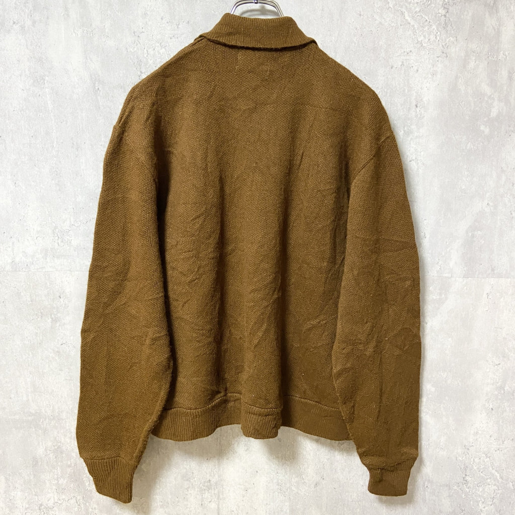 ～70s　ORLON ACRYLIC　フルジップカーディガン　レザー　パッチワーク　茶色　ヴィンテージ　XLサイズ