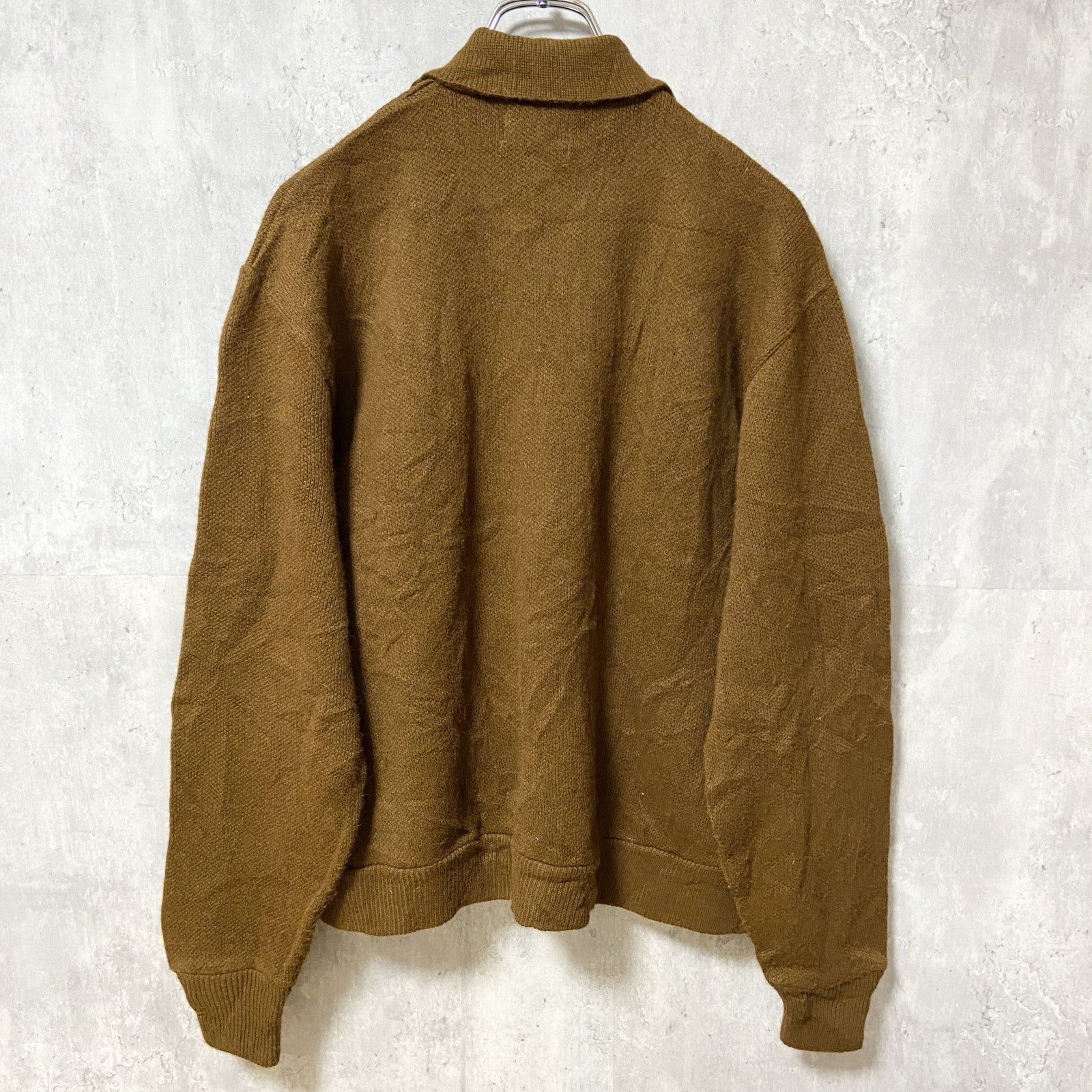 ～70s　ORLON ACRYLIC　フルジップカーディガン　レザー　パッチワーク　茶色　ヴィンテージ　XLサイズ