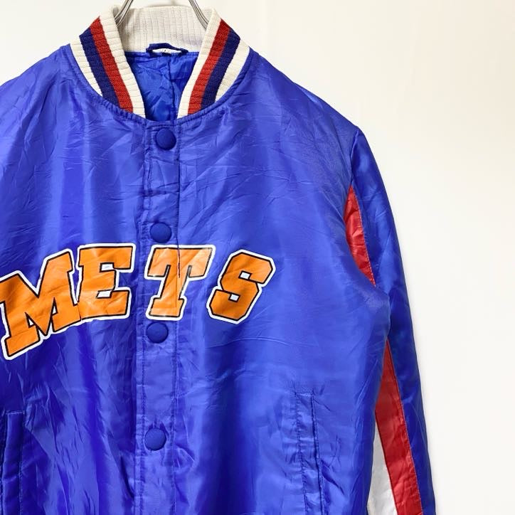 古着 used　長袖ロゴプリントスタジャン　バックプリント　MLB　METS　ニューヨークメッツ　野球　青　ヴィンテージ　Lサイズ