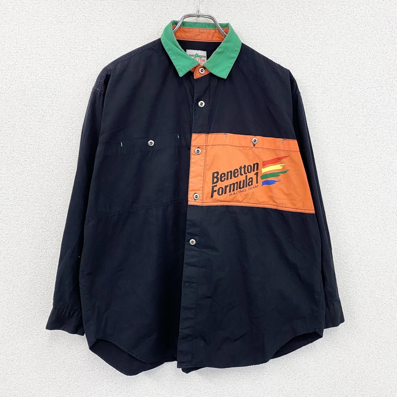 90s　BENETTON FORMULA　ベネトン・フォーミュラ　長袖シャツ　ワークシャツ　黒　ブラック　46サイズ