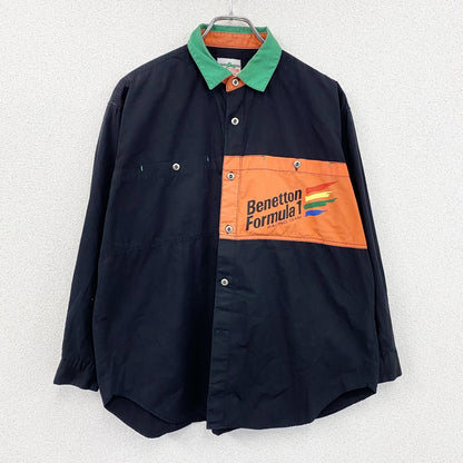 90s　BENETTON FORMULA　ベネトン・フォーミュラ　長袖シャツ　ワークシャツ　黒　ブラック　46サイズ