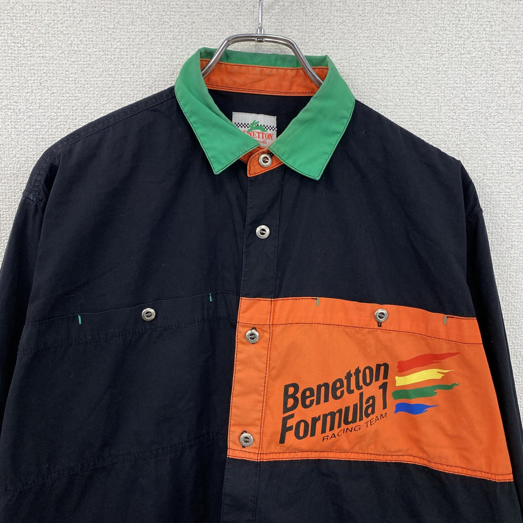 90s　BENETTON FORMULA　ベネトン・フォーミュラ　長袖シャツ　ワークシャツ　黒　ブラック　46サイズ