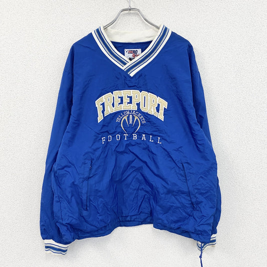 90s～　HERO247.com　ナイロンプルオーバージャケット　リブライン　アーチプリント　3連プリント　青　ブルー　Lサイズ