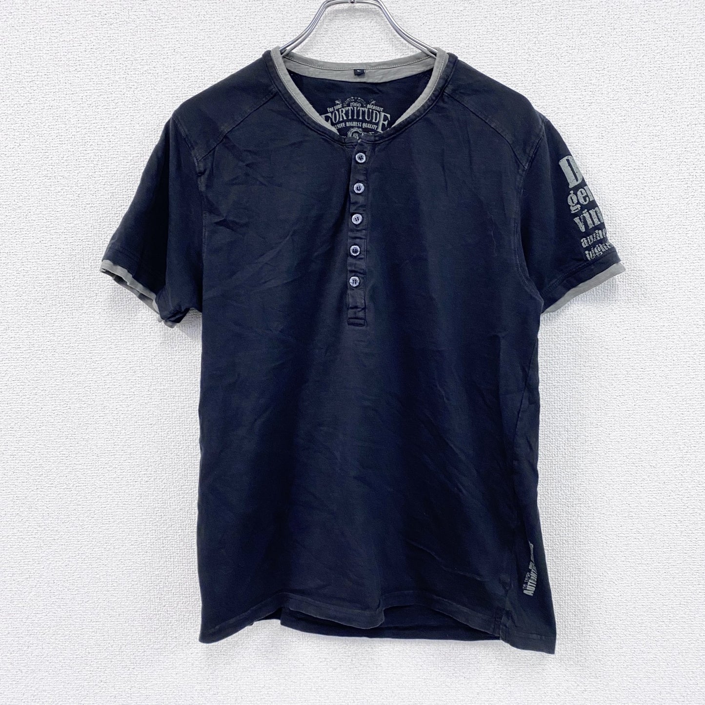 FORTITUDE　半袖リメイクTシャツ　ヘンリーネック　編み込み加工　黒　ブラック　Lサイズ