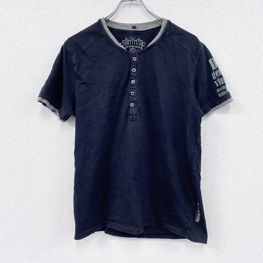 FORTITUDE　半袖リメイクTシャツ　ヘンリーネック　編み込み加工　黒　ブラック　Lサイズ