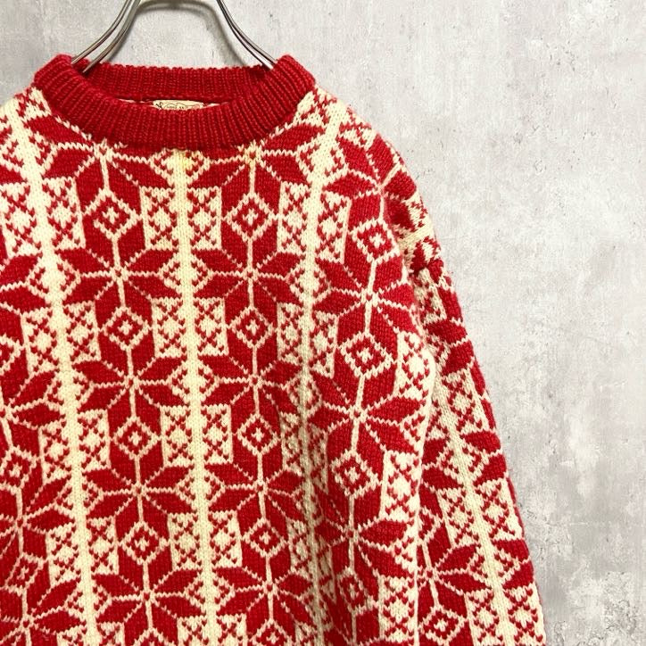 ～70s　総柄クルーネックニット　デザインセーター　赤　レッド　白　ホワイト　秋冬服　Mサイズ