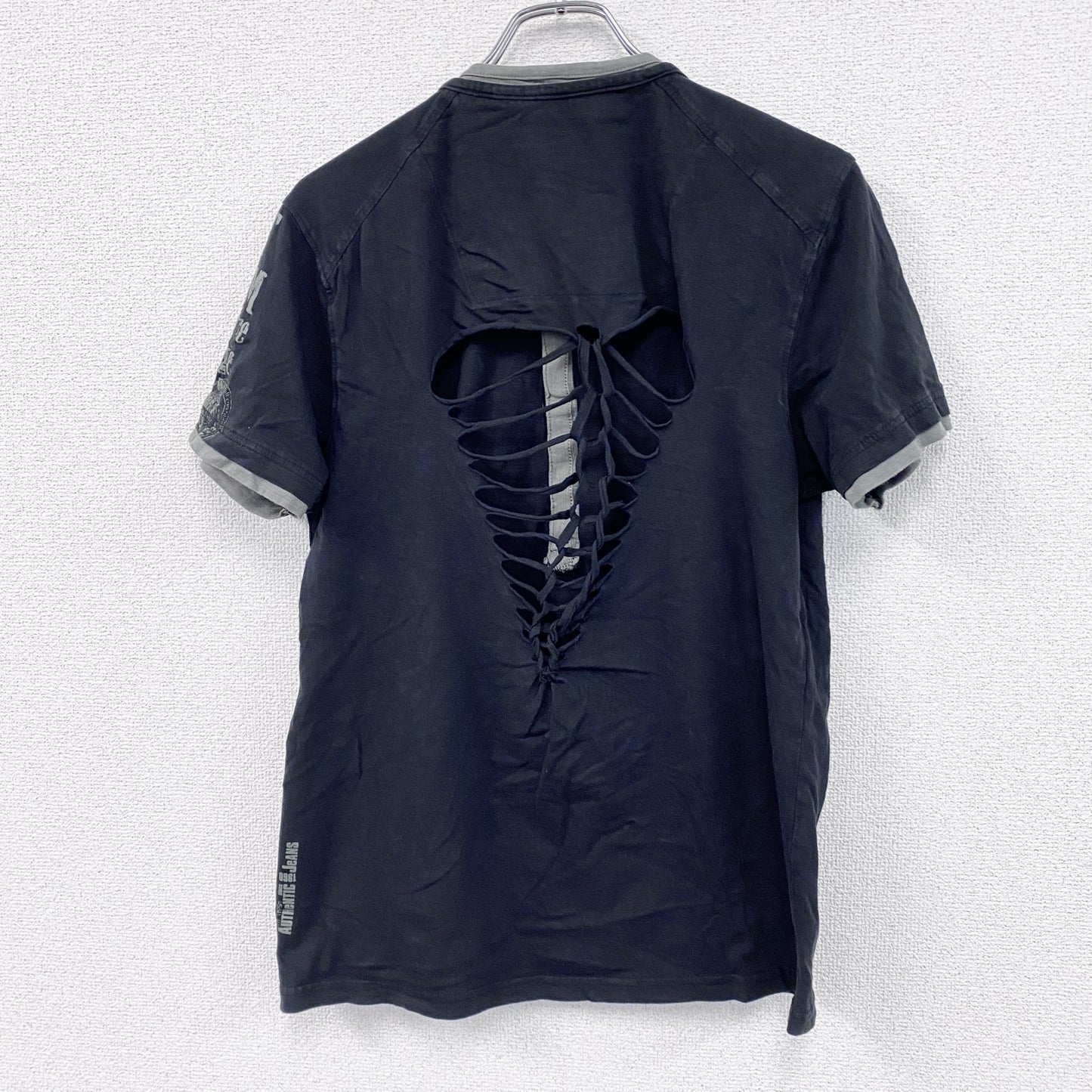 FORTITUDE　半袖リメイクTシャツ　ヘンリーネック　編み込み加工　黒　ブラック　Lサイズ