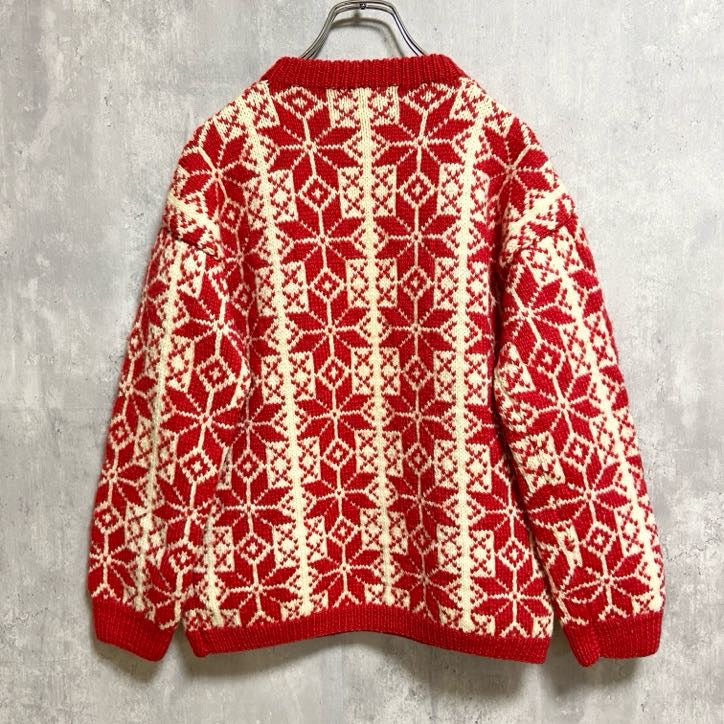 ～70s　総柄クルーネックニット　デザインセーター　赤　レッド　白　ホワイト　秋冬服　Mサイズ