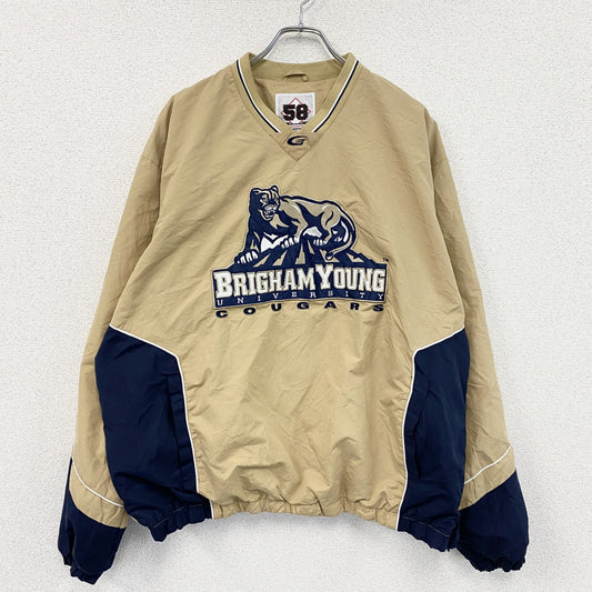 90s　58 SPORTS　プルオーバージャケット　カレッジロゴ　ワッペン　ヴィンテージ　ベージュ　XLサイズ