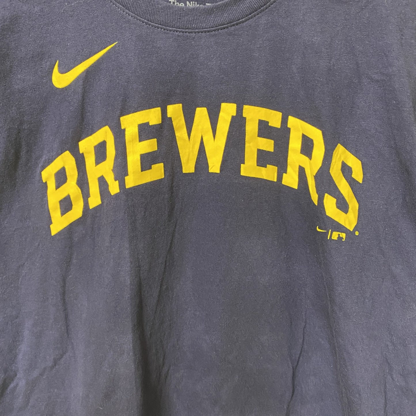 古着 used　THE NIKE TEE　ナイキ　半袖クルーネックデザインプリントTシャツ　ネイビー　ブリュワーズ　Mサイズ