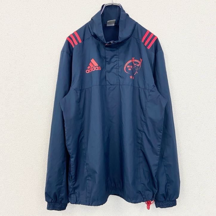 古着 used　adidas　アディダス　長袖ハーフジップナイロンジャケット　ワンポイントプリント　ハイネック　ラグビー　ネイビー