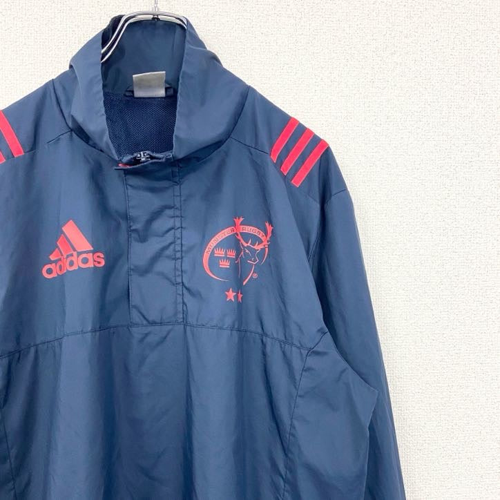 古着 used　adidas　アディダス　長袖ハーフジップナイロンジャケット　ワンポイントプリント　ハイネック　ラグビー　ネイビー