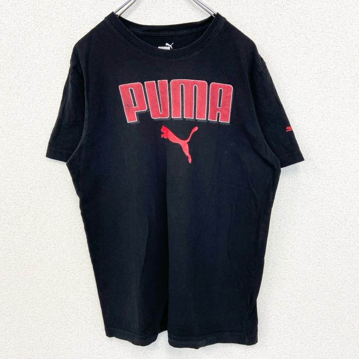 着 used PUMA プーマ　半袖ビッグロゴプリントTシャツ　クルーネック　スポーツウェア　レトロ　黒　ブラック　Mサイズ
