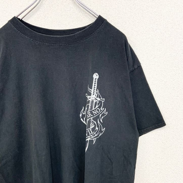古着 used　Hanes ヘインズ　半袖バックプリントTシャツ　FEAR NO EVIL　クルーネック　黒　ブラック　Lサイズ