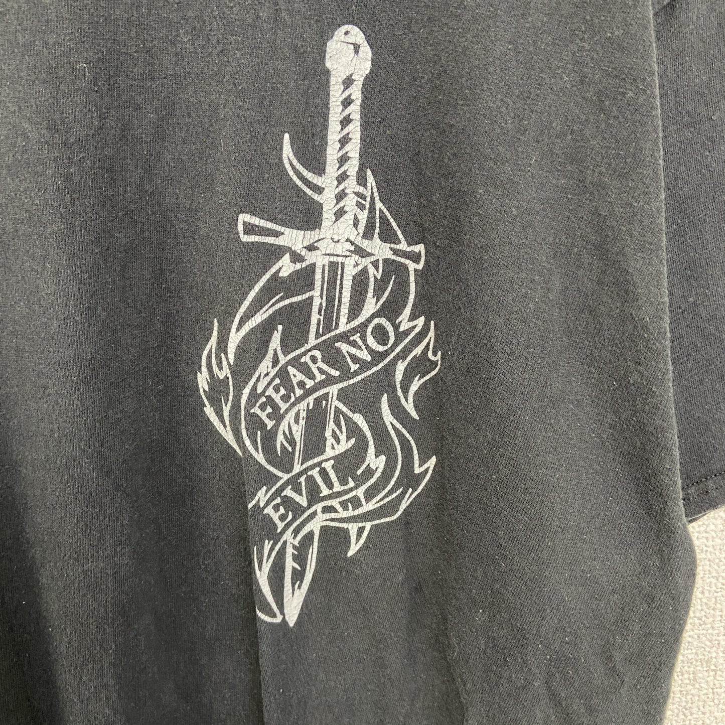 古着 used　Hanes ヘインズ　半袖バックプリントTシャツ　FEAR NO EVIL　クルーネック　黒　ブラック　Lサイズ