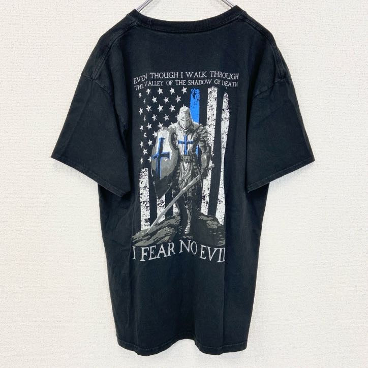 古着 used　Hanes ヘインズ　半袖バックプリントTシャツ　FEAR NO EVIL　クルーネック　黒　ブラック　Lサイズ