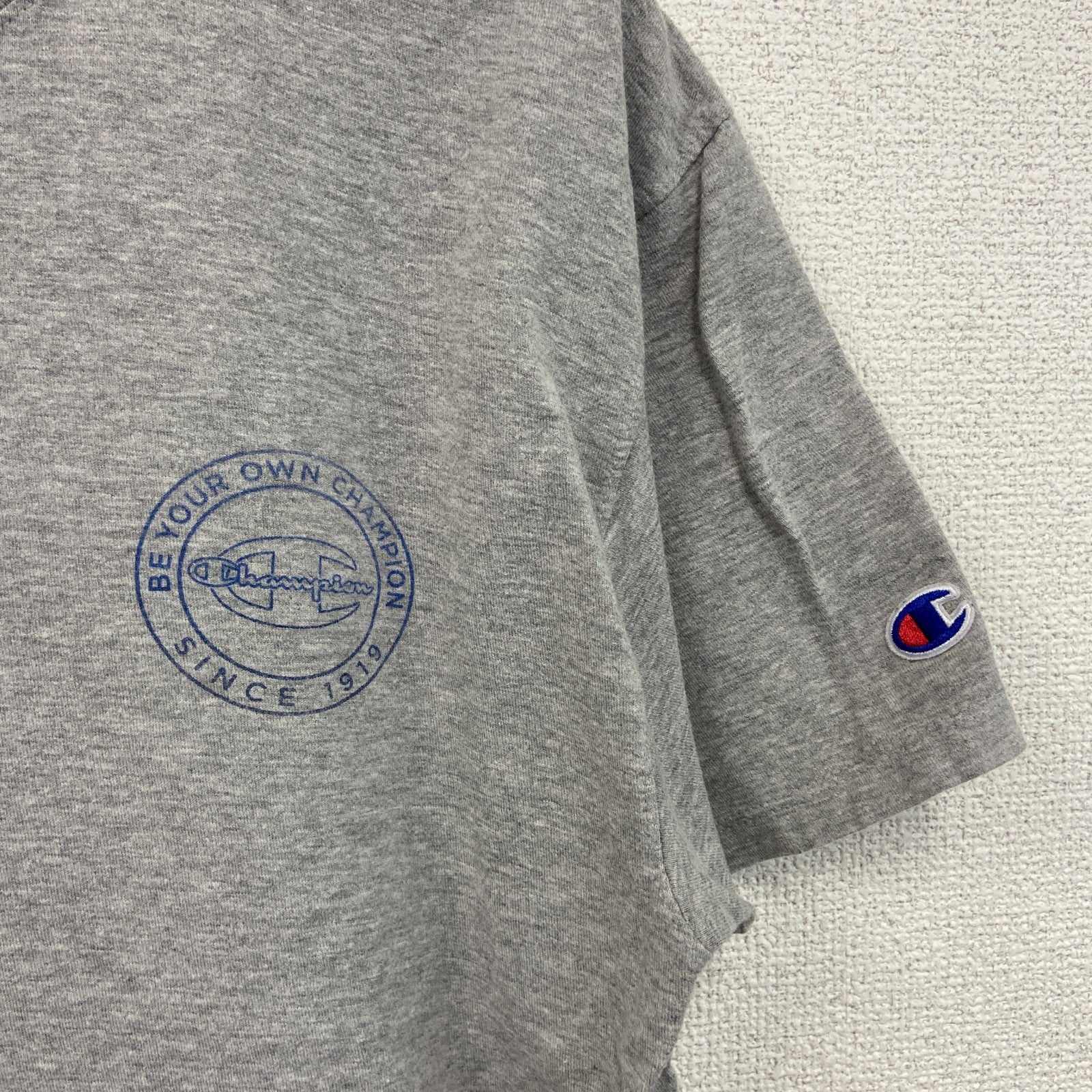 champion　チャンピオン　半袖プリントTシャツ　デカロゴ　両面プリント　現行　灰色　グレー　Lサイズ