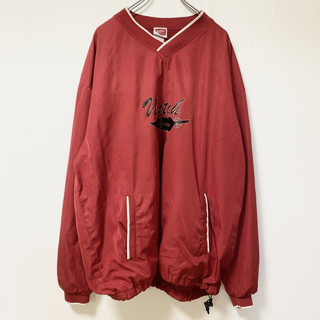 古着 used Rawlings　長袖ナイロンプルオーバー　ウインドドブレーカー　Vネック プリントデザイン　赤　XXLサイズ