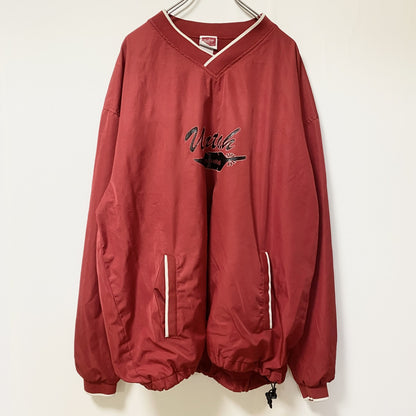 古着 used Rawlings　長袖ナイロンプルオーバー　ウインドドブレーカー　Vネック プリントデザイン　赤　XXLサイズ