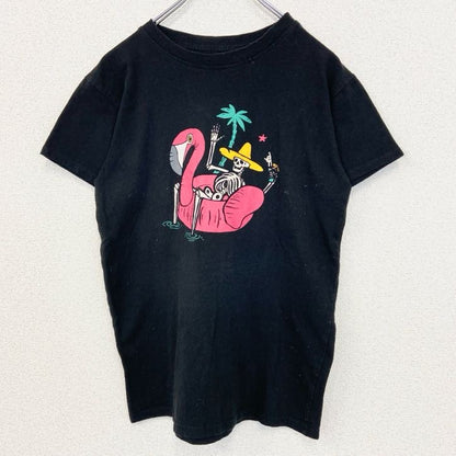 古着 used　BRISCO　半袖プリントTシャツ　フラミンゴ　スカル　レトロデザイン　クルーネック　黒　ブラック　Sサイズ