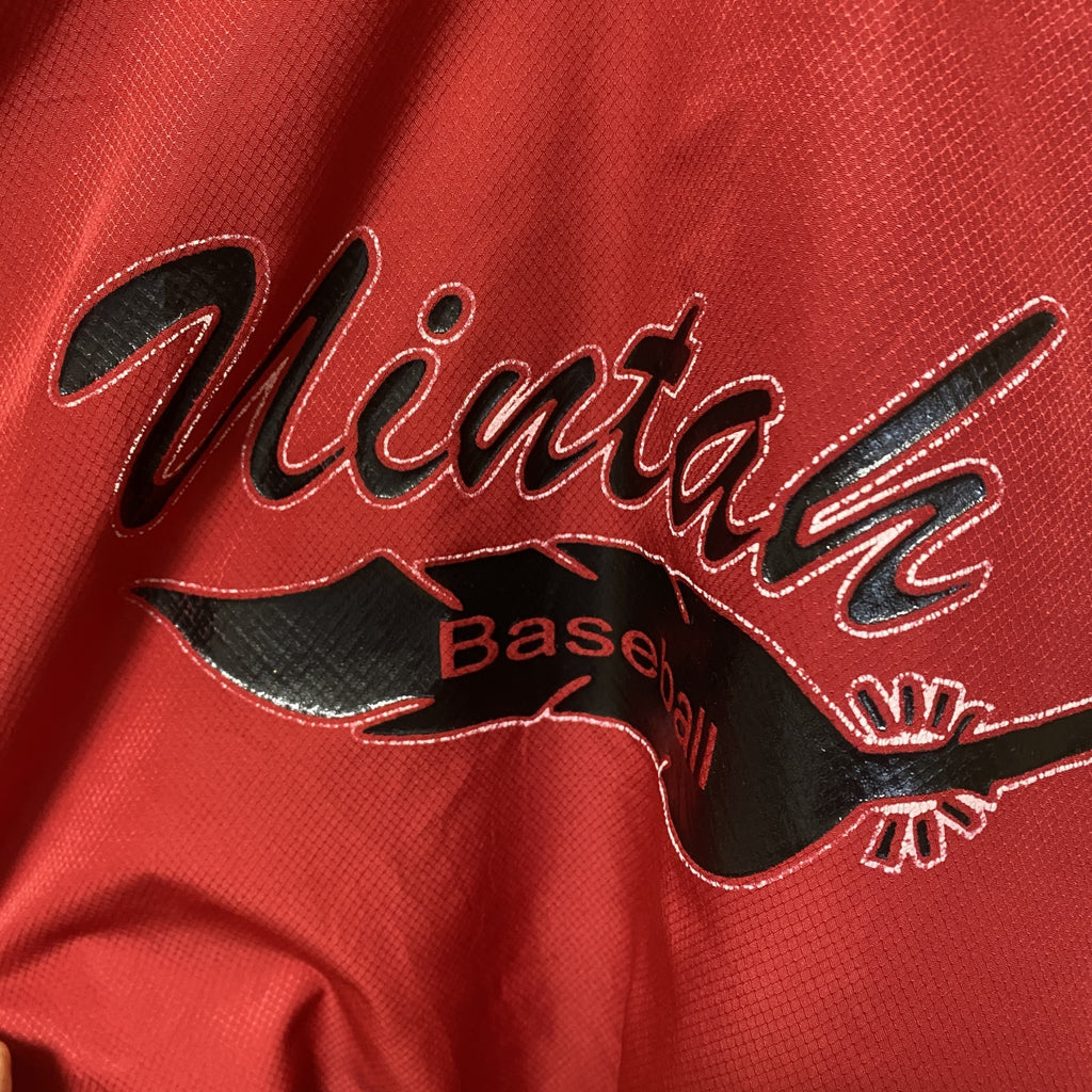 古着 used Rawlings　長袖ナイロンプルオーバー　ウインドドブレーカー　Vネック プリントデザイン　赤　XXLサイズ