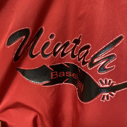 古着 used Rawlings　長袖ナイロンプルオーバー　ウインドドブレーカー　Vネック プリントデザイン　赤　XXLサイズ