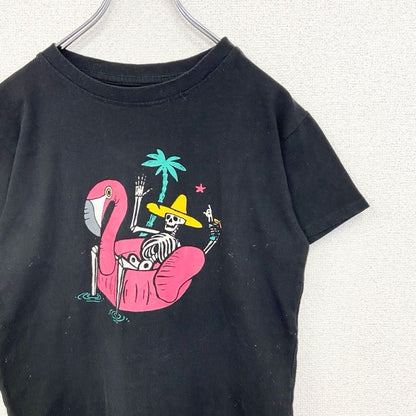 古着 used　BRISCO　半袖プリントTシャツ　フラミンゴ　スカル　レトロデザイン　クルーネック　黒　ブラック　Sサイズ