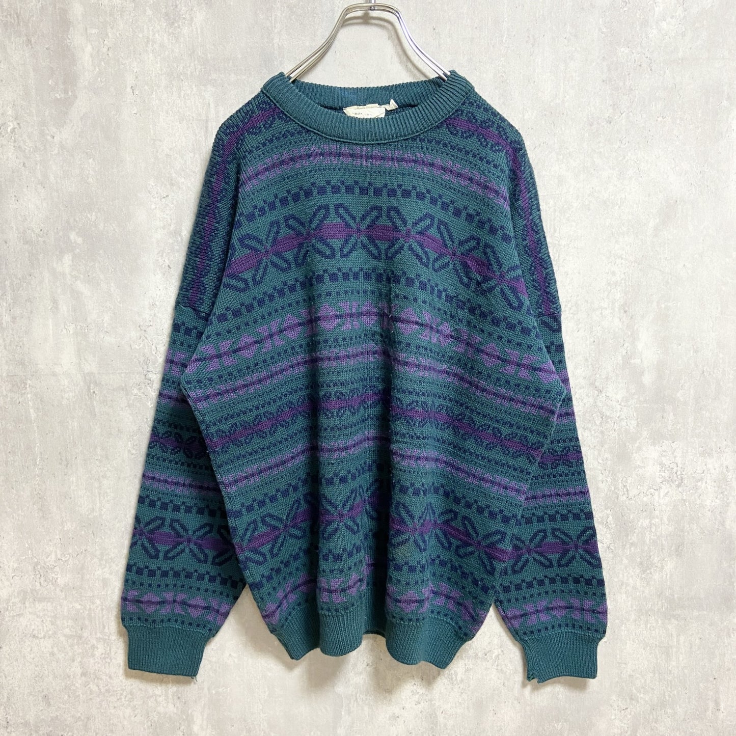 ～90s　AARDVARK　総柄ウールニットセーター　カナダ製　緑　グリーン　レトロ　秋冬服　Mサイズ
