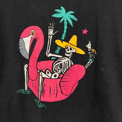 古着 used　BRISCO　半袖プリントTシャツ　フラミンゴ　スカル　レトロデザイン　クルーネック　黒　ブラック　Sサイズ