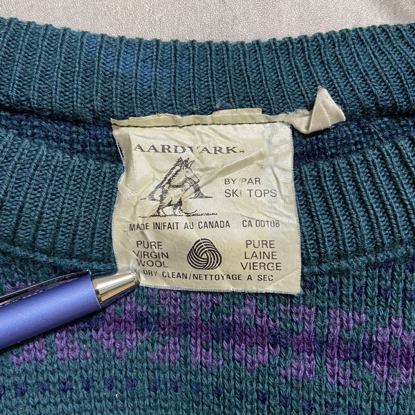 ～90s　AARDVARK　総柄ウールニットセーター　カナダ製　緑　グリーン　レトロ　秋冬服　Mサイズ