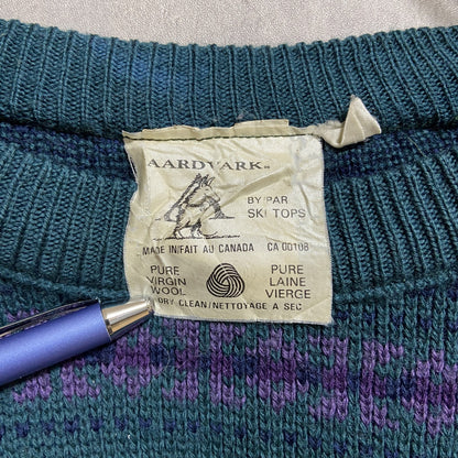 ～90s　AARDVARK　総柄ウールニットセーター　カナダ製　緑　グリーン　レトロ　秋冬服　Mサイズ