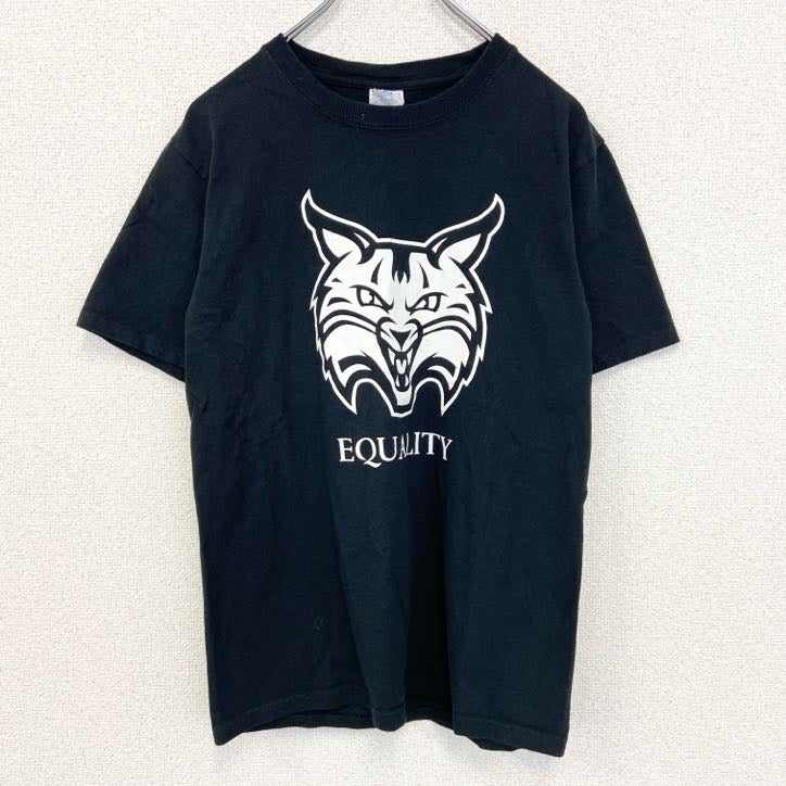 古着 used　PORT＆COMPANY　半袖プリントTシャツ　EQUALITY　カジュアル　猫　クルーネック　黒　Sサイズ