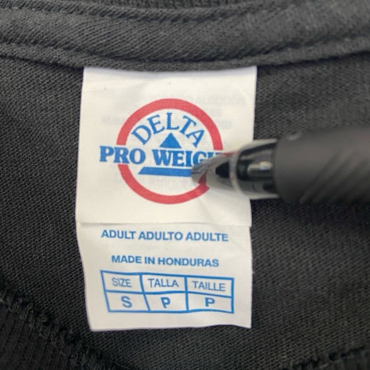 古着 used　DELTA デルタ　半袖プリントTシャツ　おもしろTシャツ　ユニークデザイン　クルーネック　黒　ブラック　Sサイズ