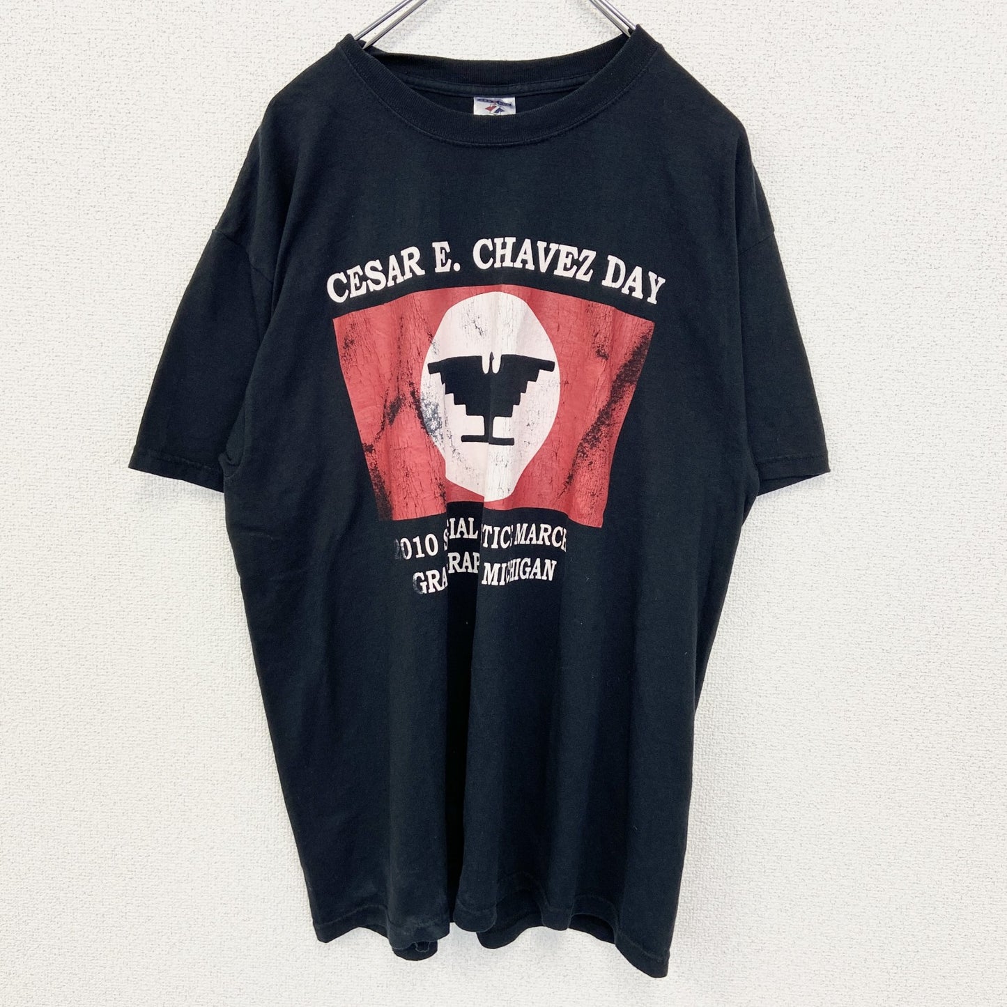 古着 used　JERZEES ジャージーズ　半袖プリントTシャツ　ビッグT　セーサル チャベス　クルーネック　黒　Lサイズ